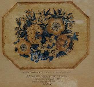 Grace Appleyard, Still life of flowers, inscribed to the mount Grave Appleyard, Holmer House, Hebden Bridge House, 1827, 19th century watercolour, 21 x 27cm